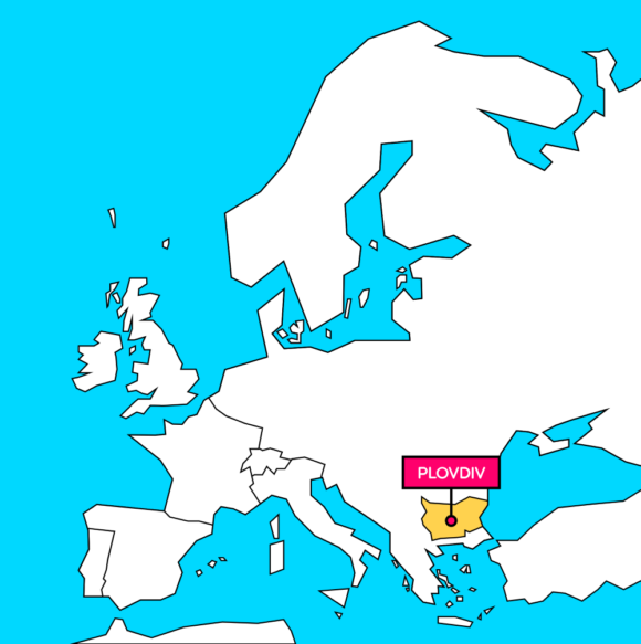 Map of Europe showing Plovdiv in Bulgaria